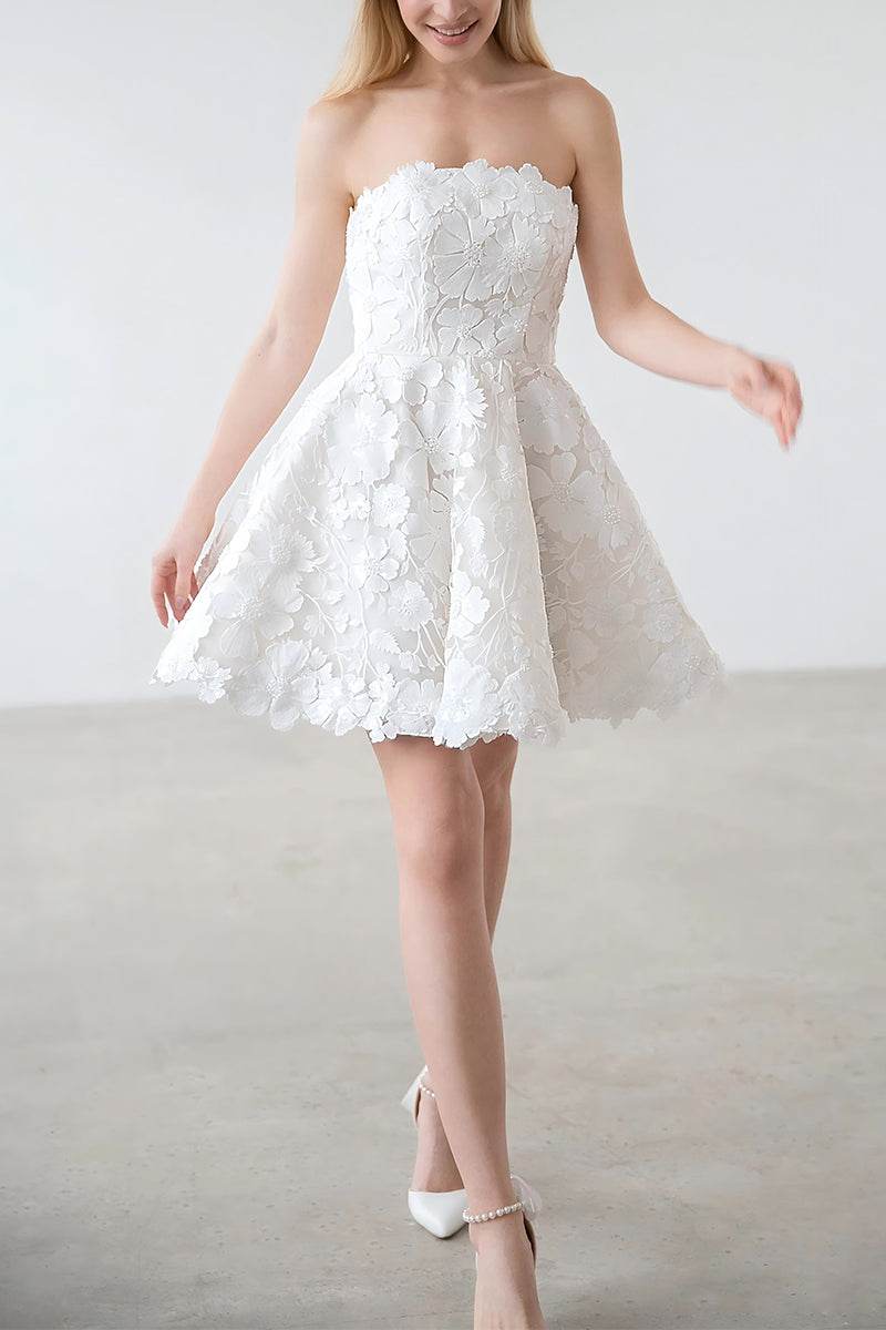 A-Line Short-Mini Lace Little White Dress 100018 - COCOMELODY